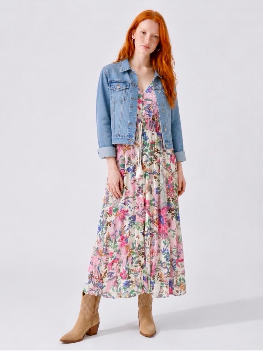 Floral boho V-Neck Maxi Dress with Drawstring Waist